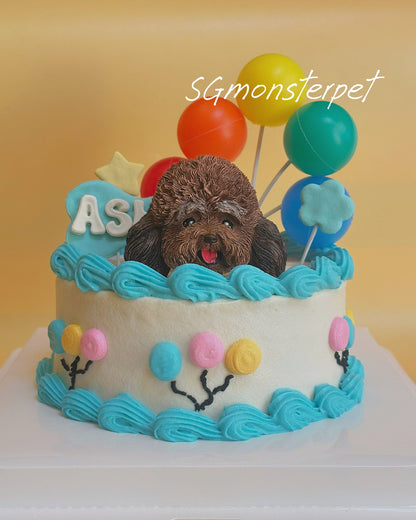 Pet cake with a small dog figurine and colorful balloons