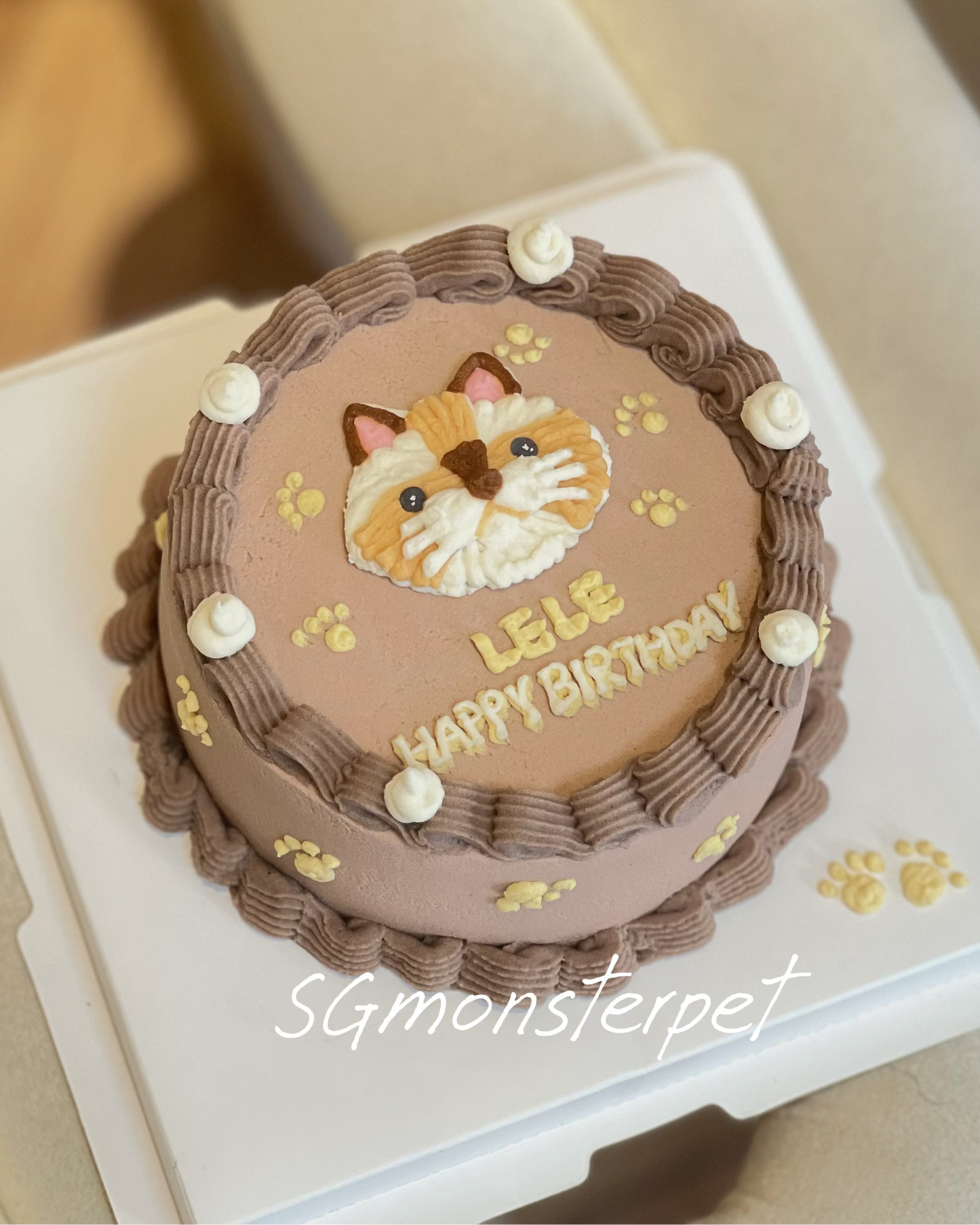 Small round pet cake with a cat design and 'Happy Birthday' wording. 
