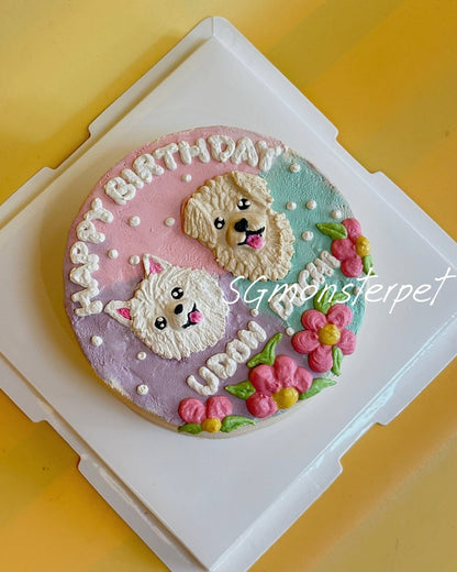 Pet cake with dog designs and 'Happy Birthday' text on a yellow background