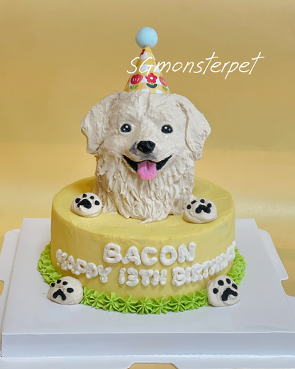 Dog-shaped birthday cake with a yellow base and white dog figure on a yellow background