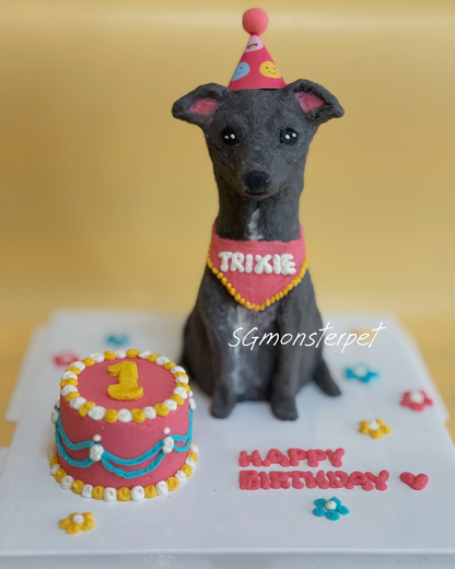 Dog-shaped birthday cake with a small round cake and 'Happy Birthday' text on a yellow background.
