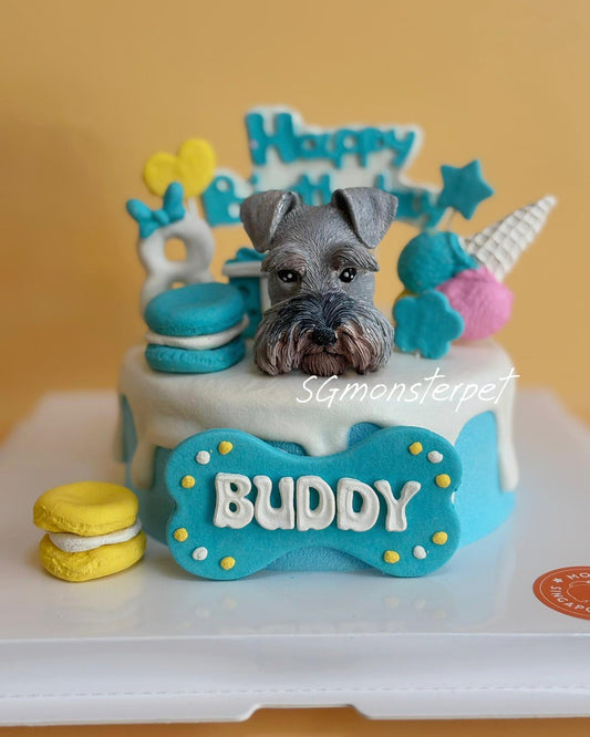 Dog-themed birthday cake with a dog figurine on top, against a yellow background.