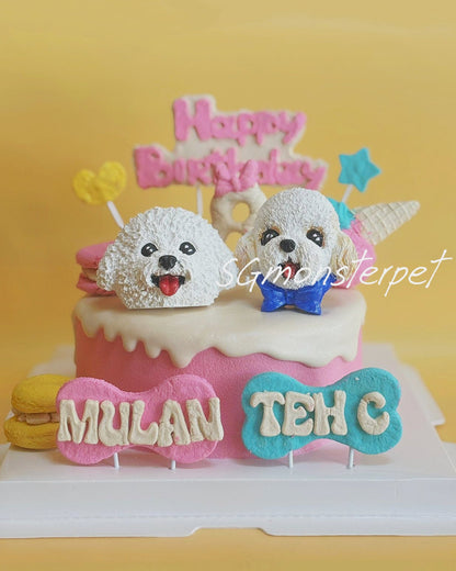 Birthday pet cake with dog figurines and personalized name on a yellow background